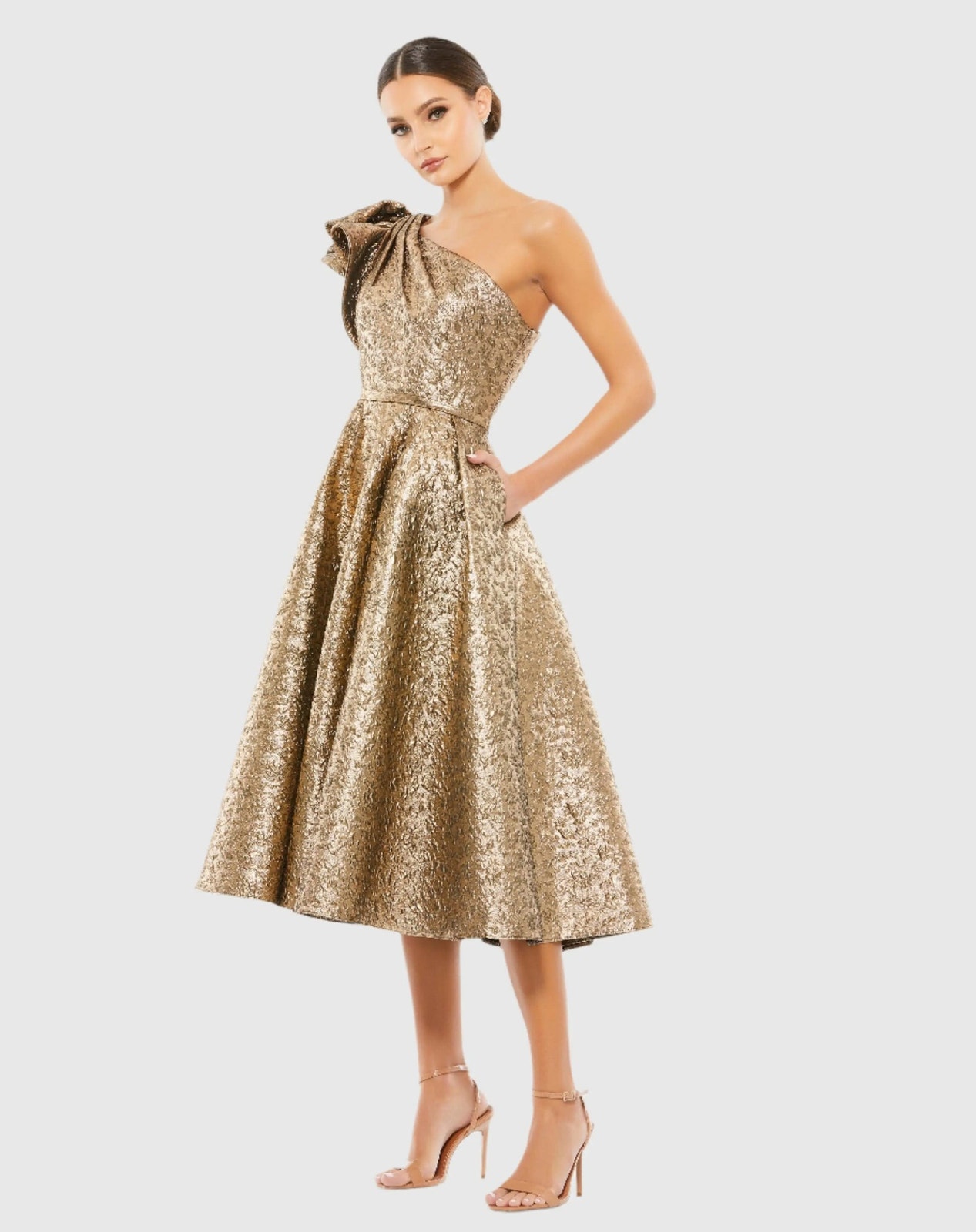 Nwot Mac Duggal Antique Bronze One Shoulder Bow Shiny Brocade Midi Dress Size 2